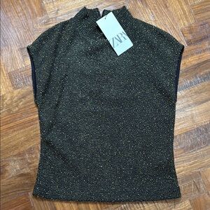 Zara Black Metallic Sparkle Mock Neck Sleeveless Top